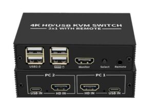 2-Port HDMI USB KVM Switch, 4K Plastic with Built in Cables