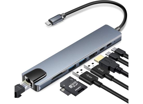 TYPEC-8IN1-550x400-1.jpg 8 in 1 Multifunctional Type-C to HDTV Ethernet USB SD TF Adapter Hub
